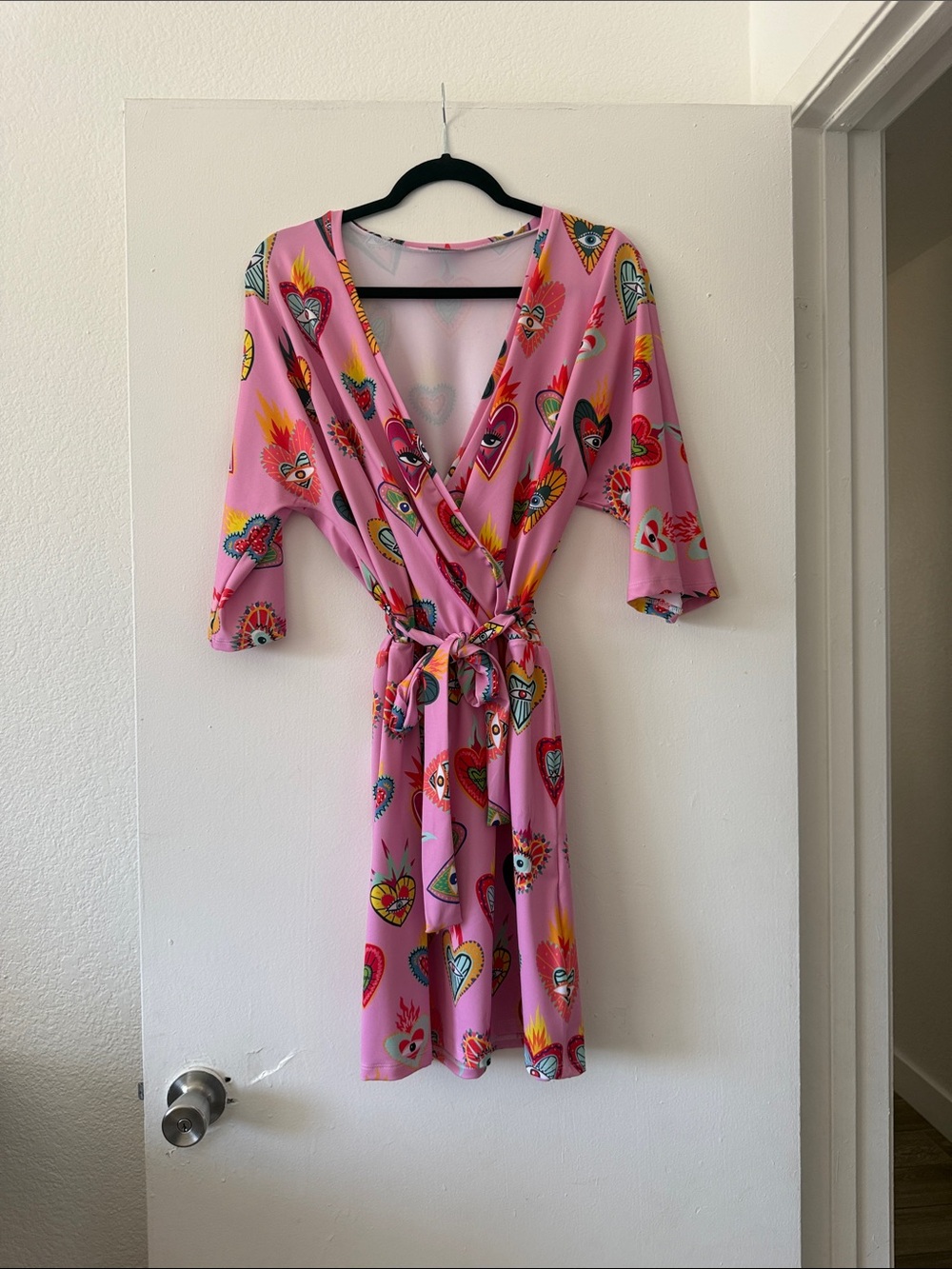 Pink Heart Print Wrap Dress